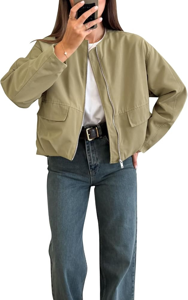 Women's Casual Bomber Jacket Round Neckline Long Sleeve Pockets Gathered Hem Coat | Amazon (US)