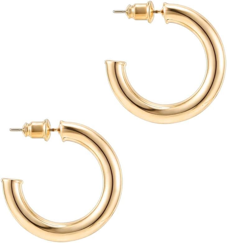 14K Gold Colored Lightweight Chunky Open Hoops | Gold Hoop Earrings for Women | Amazon (US)