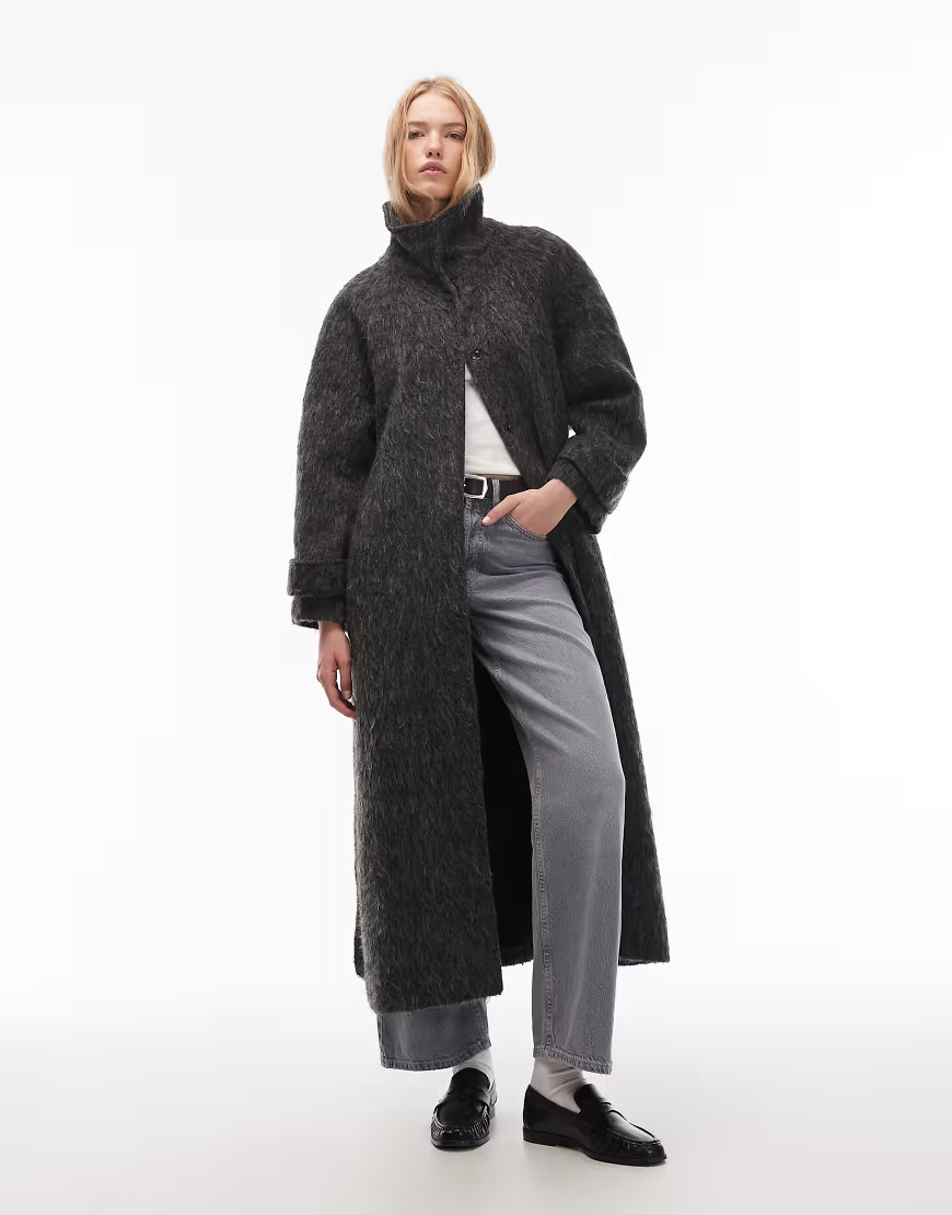 COLLUSION brushed heather longline belted overcoat-Gray | ASOS (Global)