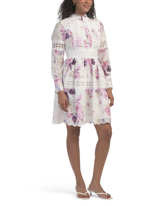 Long Sleeve Floral Eyelet Lace Trim Mini Dress | TJ Maxx