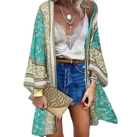 ORQ Women Bohemian Floral Kimono Cardigan Open Front Hawaiian Holiday Coat Tops | Walmart (US)