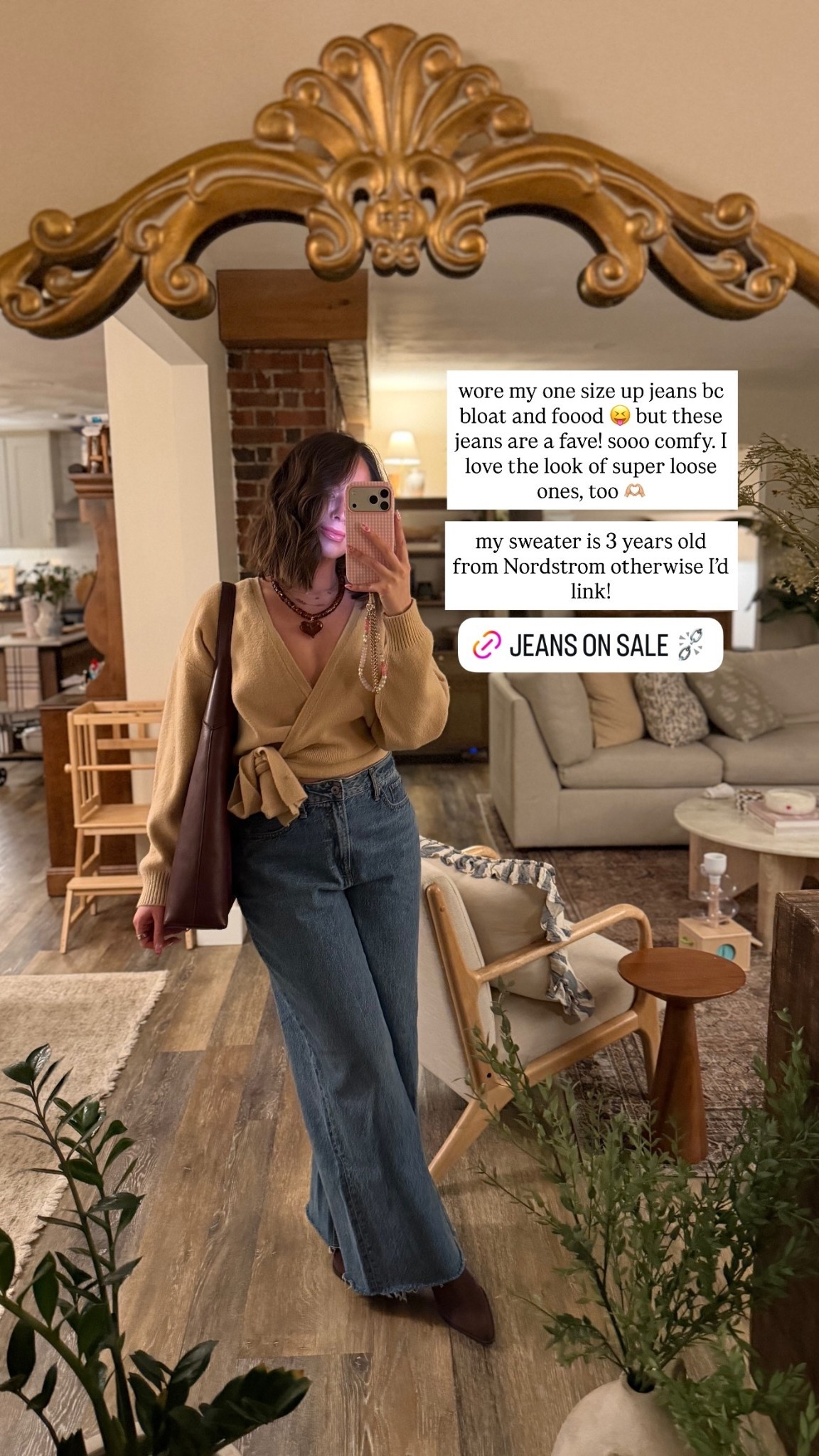 wore my one size up jeans bc bloat and foood 😝 but these jeans are a fave! sooo comfy. I love the look of super loose ones, too 🫶🏼

my sweater is 3 years old from Nordstrom otherwise I’d link!  @abercrombie