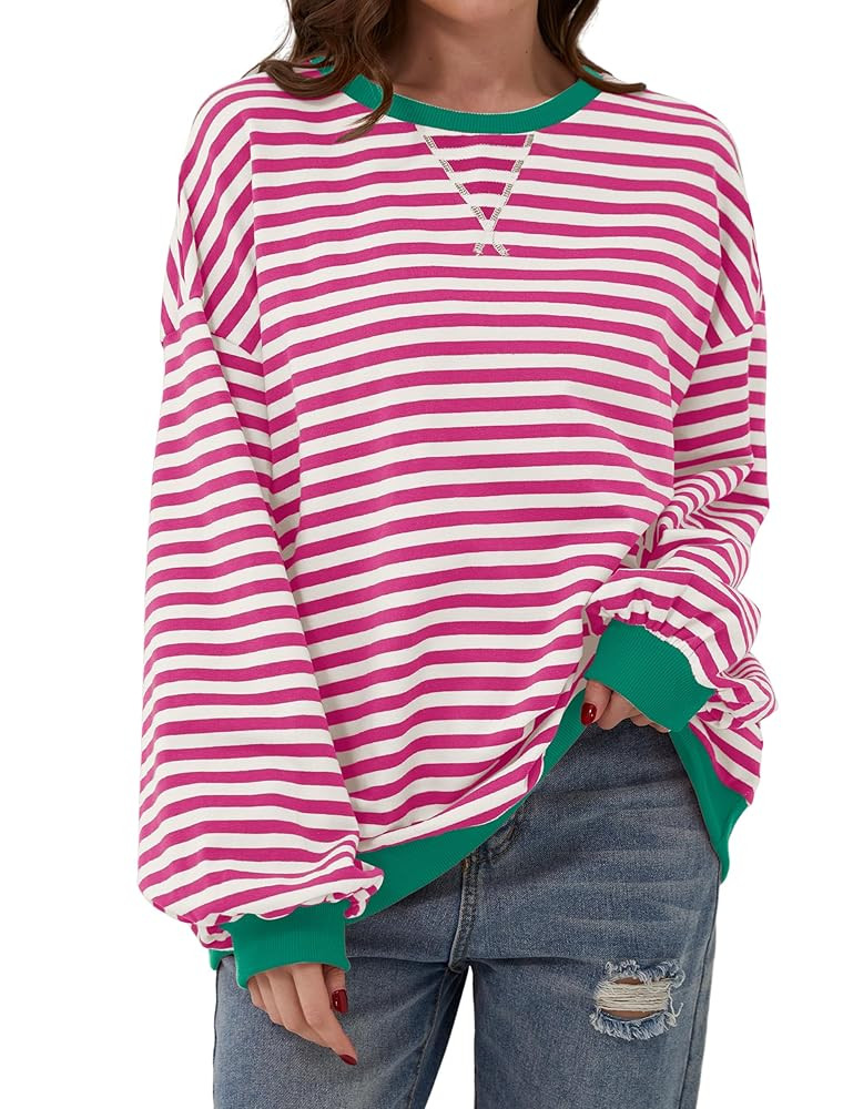 Women Oversized Striped Color Block Long Sleeve Crew Neck Sweatshirt Casual Loose Pullover Y2K Sh... | Amazon (US)