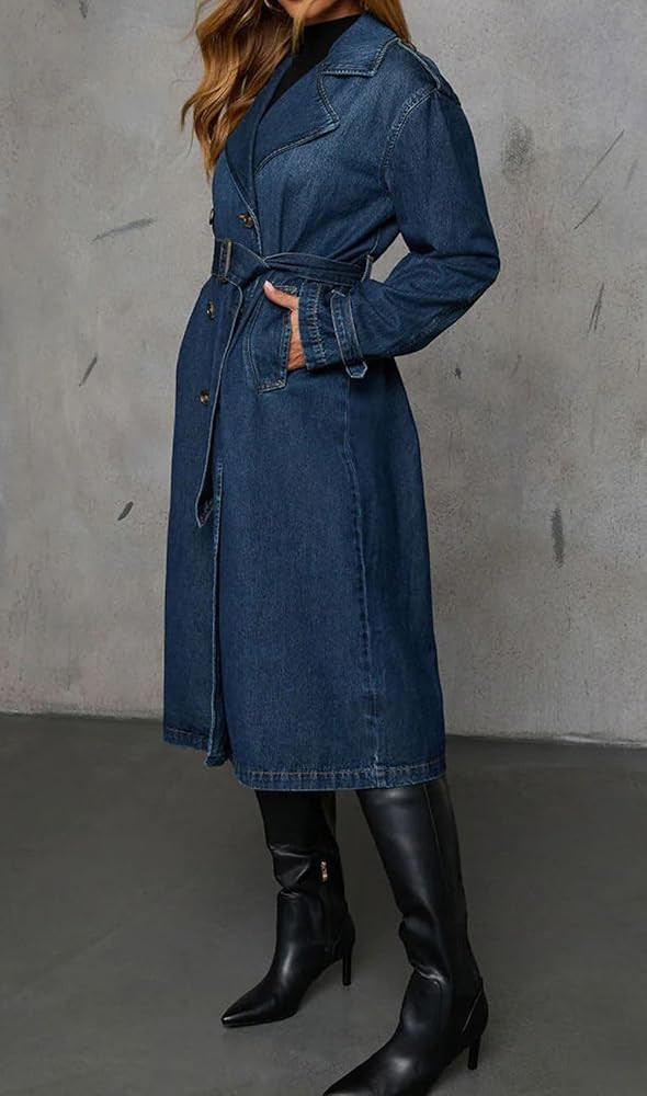Ru Sweet Women's Vintage Double Breasted Long Denim Trench Coat Jean Jacket Casual Duster Coat wi... | Amazon (US)