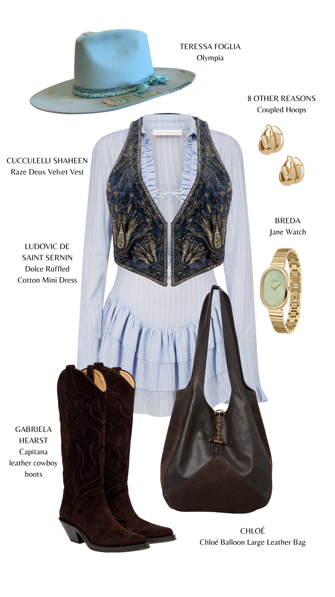 Powder blue ruffles, velvet layers, and rich brown boots — western elegance with a feminine twist.

#WesternRomance #ModernCowgirl #CowboyBoots #BohoWestern #LayeredLook #WesternChic #FeminineStyle #FallFashion #SoftWestern #EffortlessStyle 

 #LTKootd #LTKWorkwear #LTKTravel