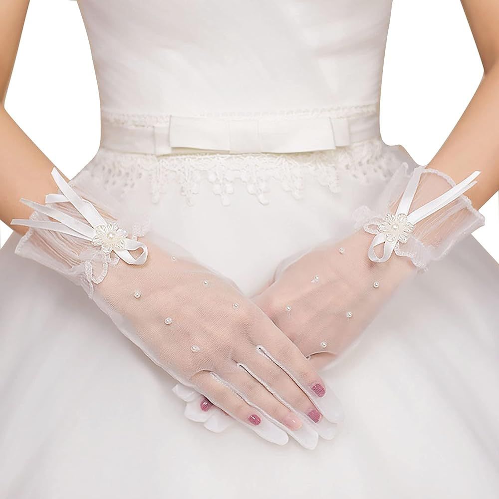 Acenail Short Tulle Women’s Wedding Gloves Ladies Ivory Pearl Gloves for Brides Bow Waist Cuff Glove | Amazon (US)