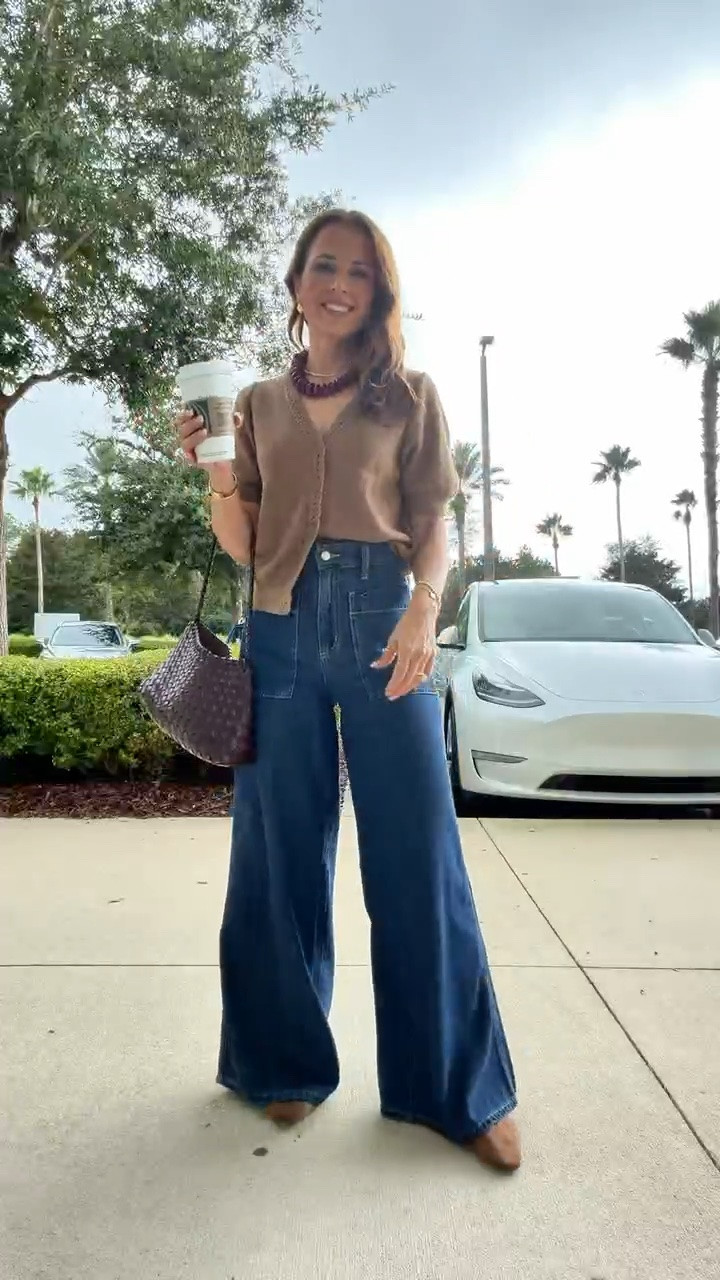 Elevated casual outfit. Everyday outfit. Fall outfit. Fall style. Mom outfit. New at Target! The palazzo style wide-leg jeans that are giving designer vibes! Wearing 00 regular - these are full length on me and I was able to shrink an inch off length in washer/dryer. I am 5’3. I grabbed the lighter wash, too! XS in short-sleeve cardigan. Mules are TTS and super comfy. Beaded necklace. Braided purse.

#LTKootd #LTKPetite #LTKgrwm