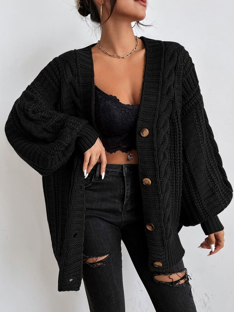 Solid Button Front Cable Knit Cardigan | SHEIN