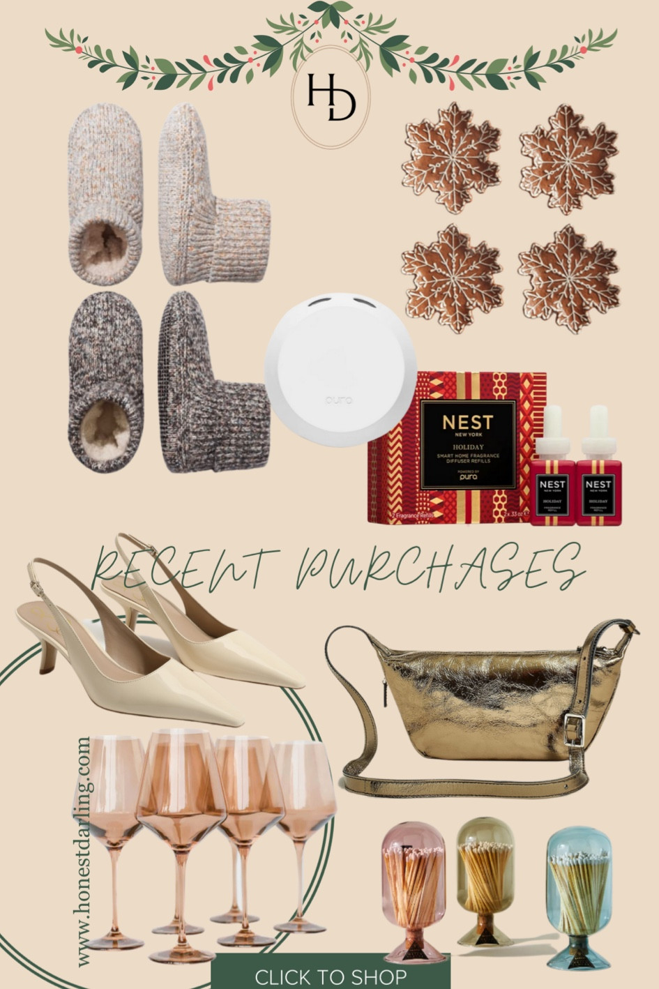 Gold bag // crossbody purse // Christmas gifts // Christmas decor // slippers // comfy heels // wine glasses // gifts for home // gifts for her // home scents // diffuser // serving plates // Christmas dishes 

#LTKGiftGuide #LTKHoliday #LTKSeasonal