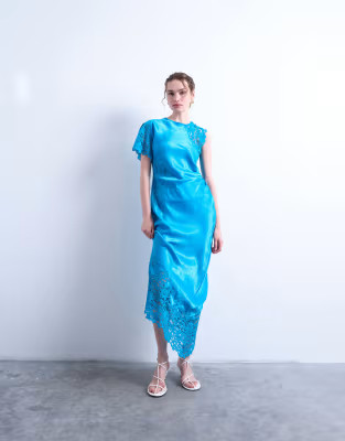 Topshop lace insert grown on shoulder midi dress in deep blue | ASOS (Global)