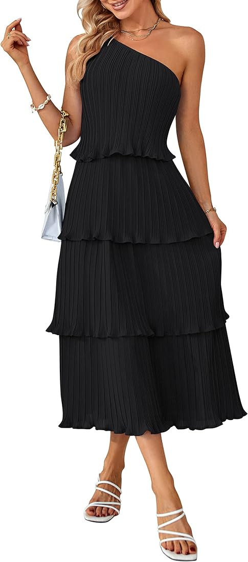 MEROKEETY Women's Summer One Shoulder Sleeveless Pleated Ruffle Tiered Layered Chiffon Party Dres... | Amazon (US)