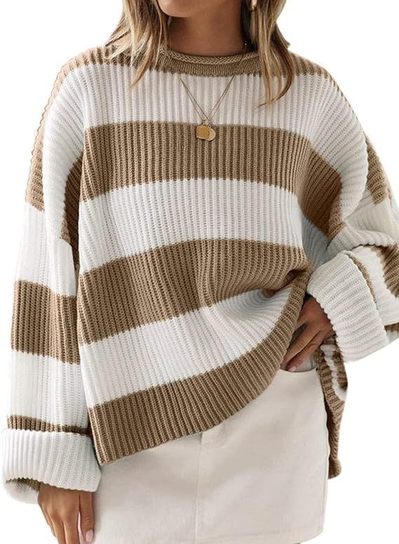 ZESICA Women's 2023 Fall Long Sleeve Crew Neck Striped Color Block Comfy Loose Oversized Knitted ... | Amazon (US)