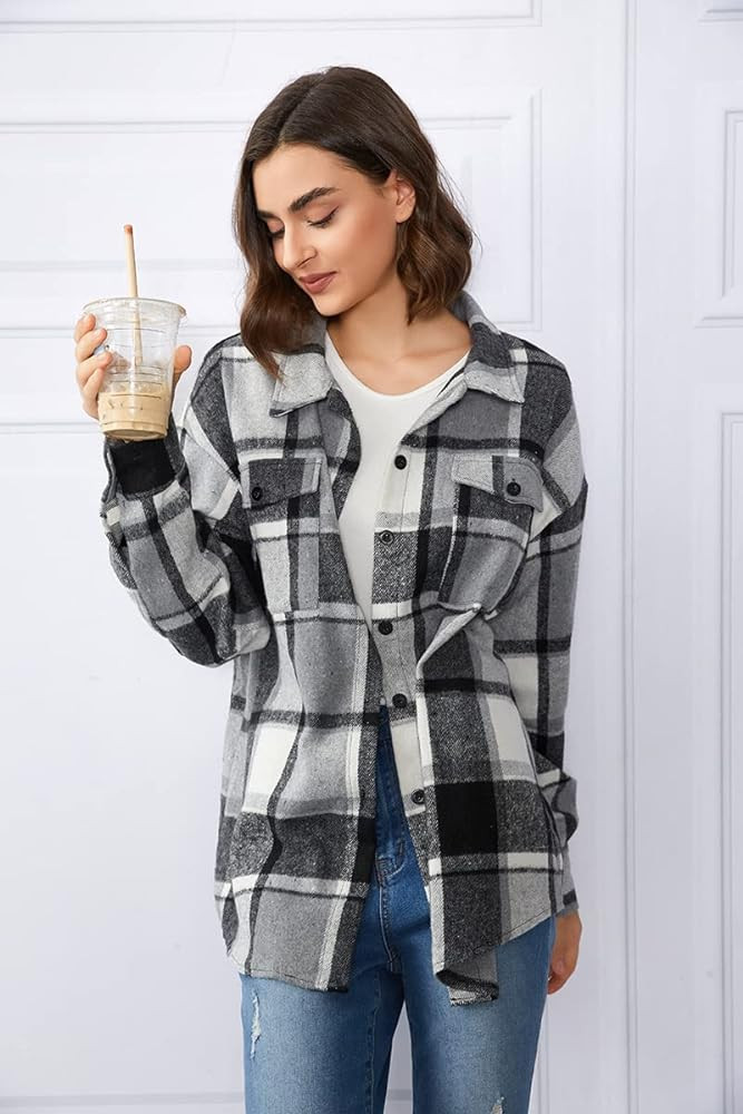 Trendy Queen Womens Flannel Shacket Casual Jacket Plaid Button Down Long Sleeve Shirt Fall Winter... | Amazon (US)
