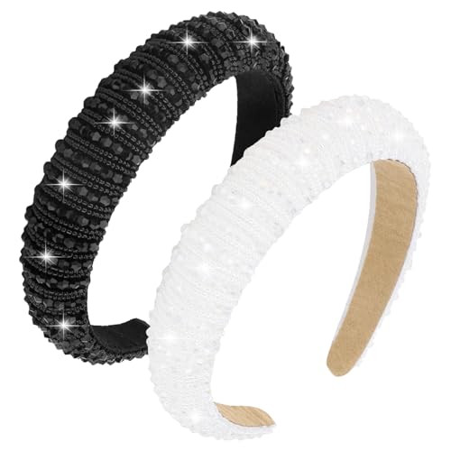 Wecoe 2pcs White Black Rhinestone Headbands Women Girls Crystal Beaded Headband Fashion Cute Bling Sparkly Diamond Padded Thick Puffy Headbands Holiday Hair Accessories For Women Girls Gifts | Amazon (US)