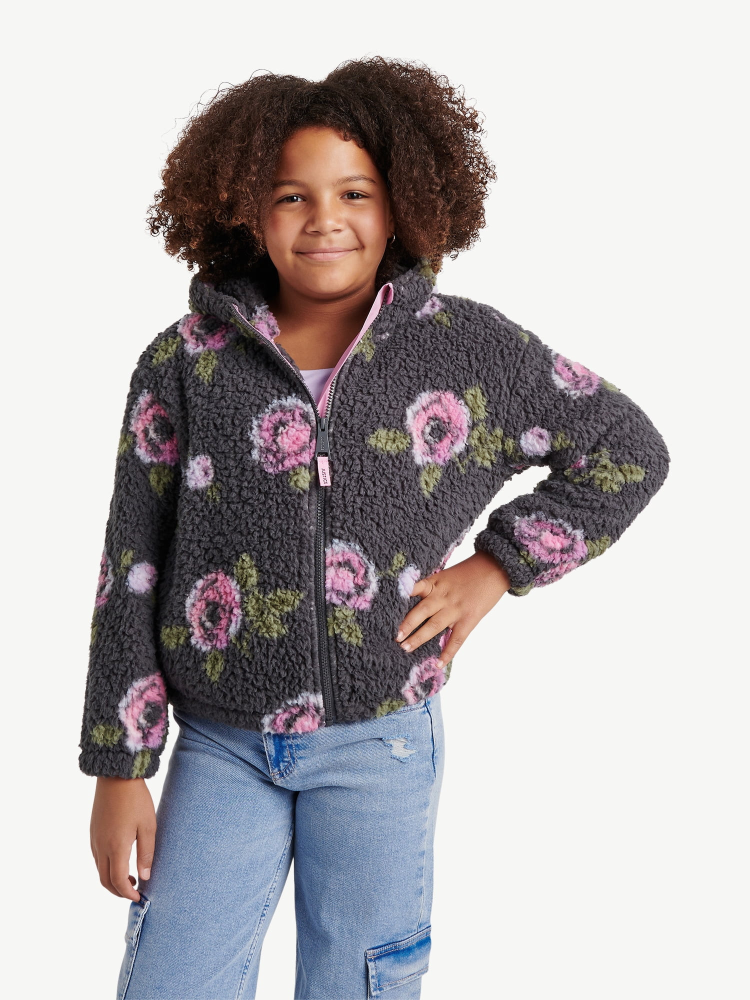Justice Girl's Printed Floral Sherpa Jacket with Hood, Sizes XS - XL | Walmart (US)