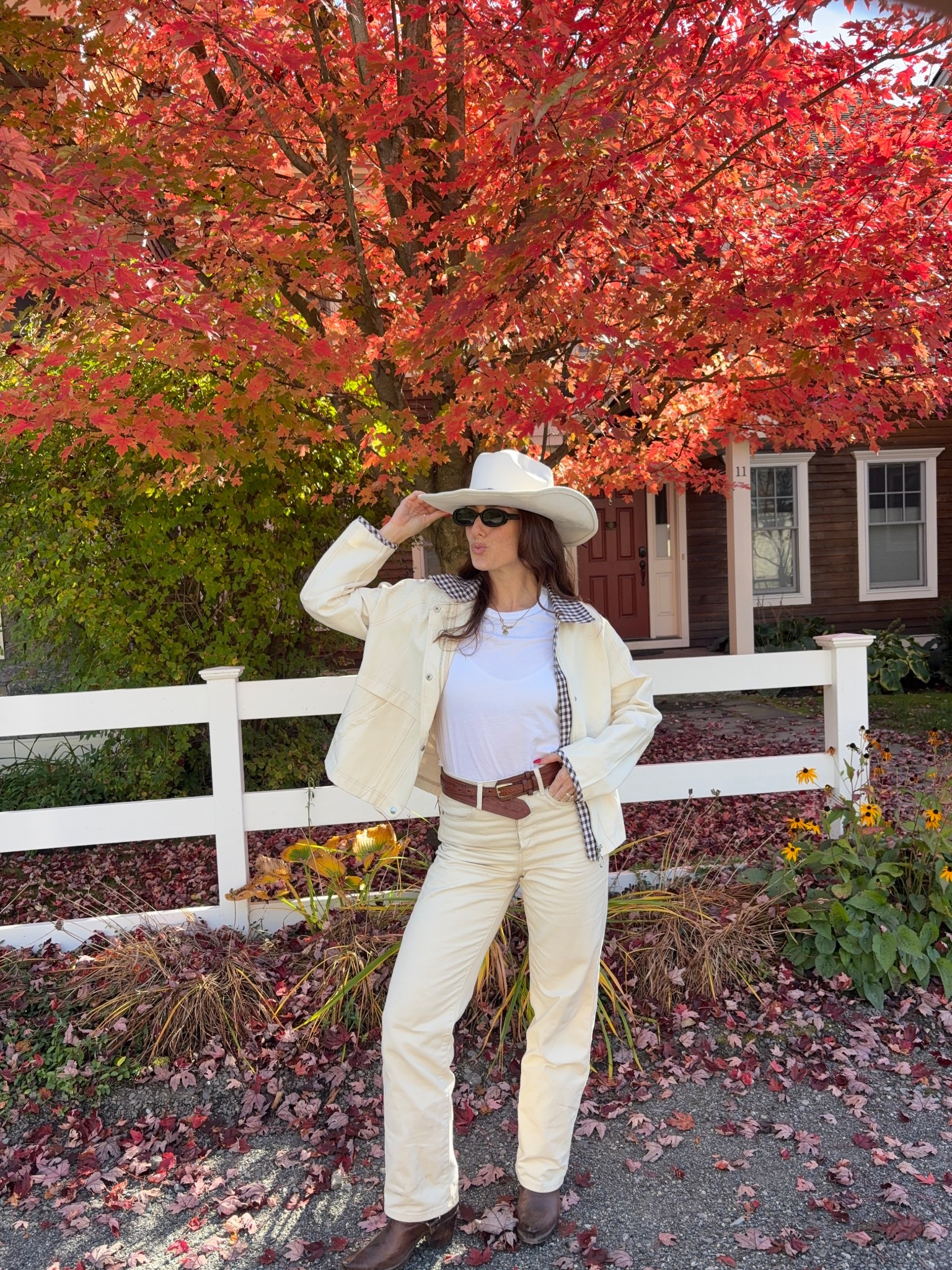 horseback riding outfit!! brown cowboy boots + cream canvas and gingham jacket 