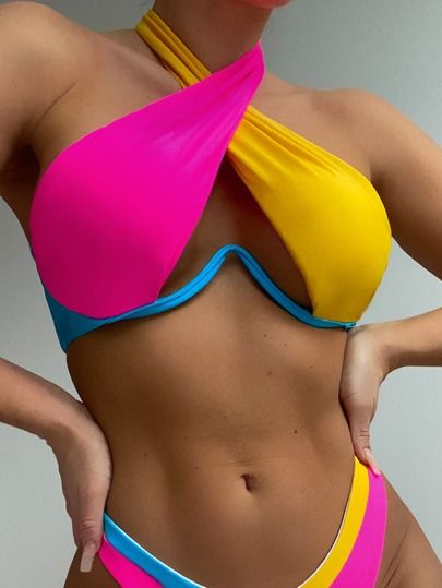 Color Block Push Up Halter Bikini Top | SHEIN