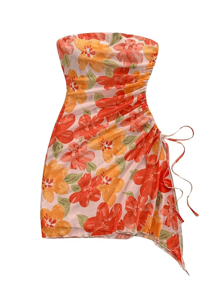 SOLY HUX Women's Floral Strapless Mini Dresses Summer Beach Vacation Short Bandeau Bodycon Dress | Amazon (US)