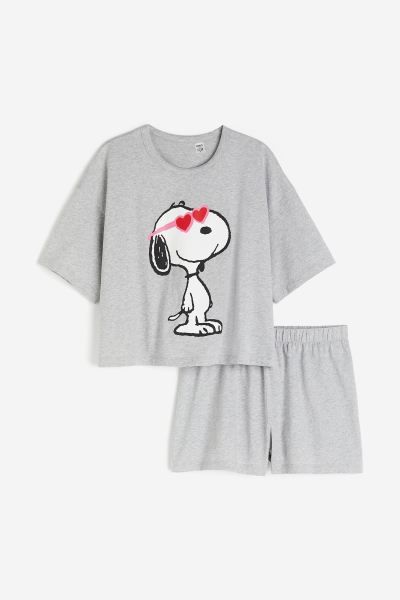 Printed Pajamas - Light gray melange/Snoopy - Ladies | H&M US | H&M (US + CA)