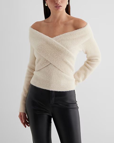 Faux Fur Off The Shoulder Surplice Sweater | Express
