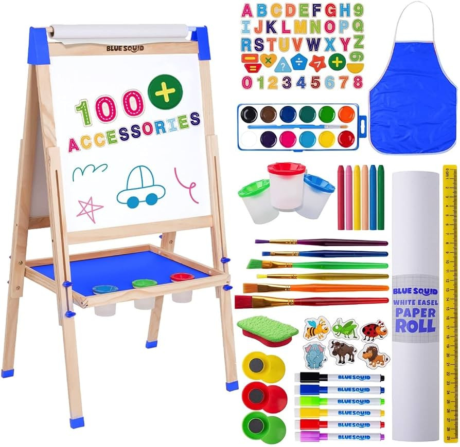 Blue Squid Art Easel for Kids - 100+ Accessories Double Sided Wooden Kids Easel Drawing Board wit... | Amazon (US)