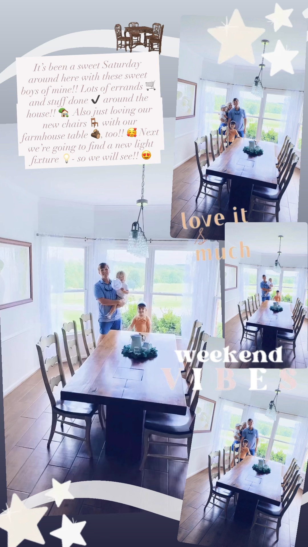 It’s been a sweet Saturday around here with these sweet boys of mine!! Lots of errands 🛒 and stuff done ✔️ around the house!! 🏡  Also just loving our new chairs 🪑 with our farmhouse table 🪵, too!! 🥰 Next we’re going to find a new light fixture 💡- so we will see!! 😍