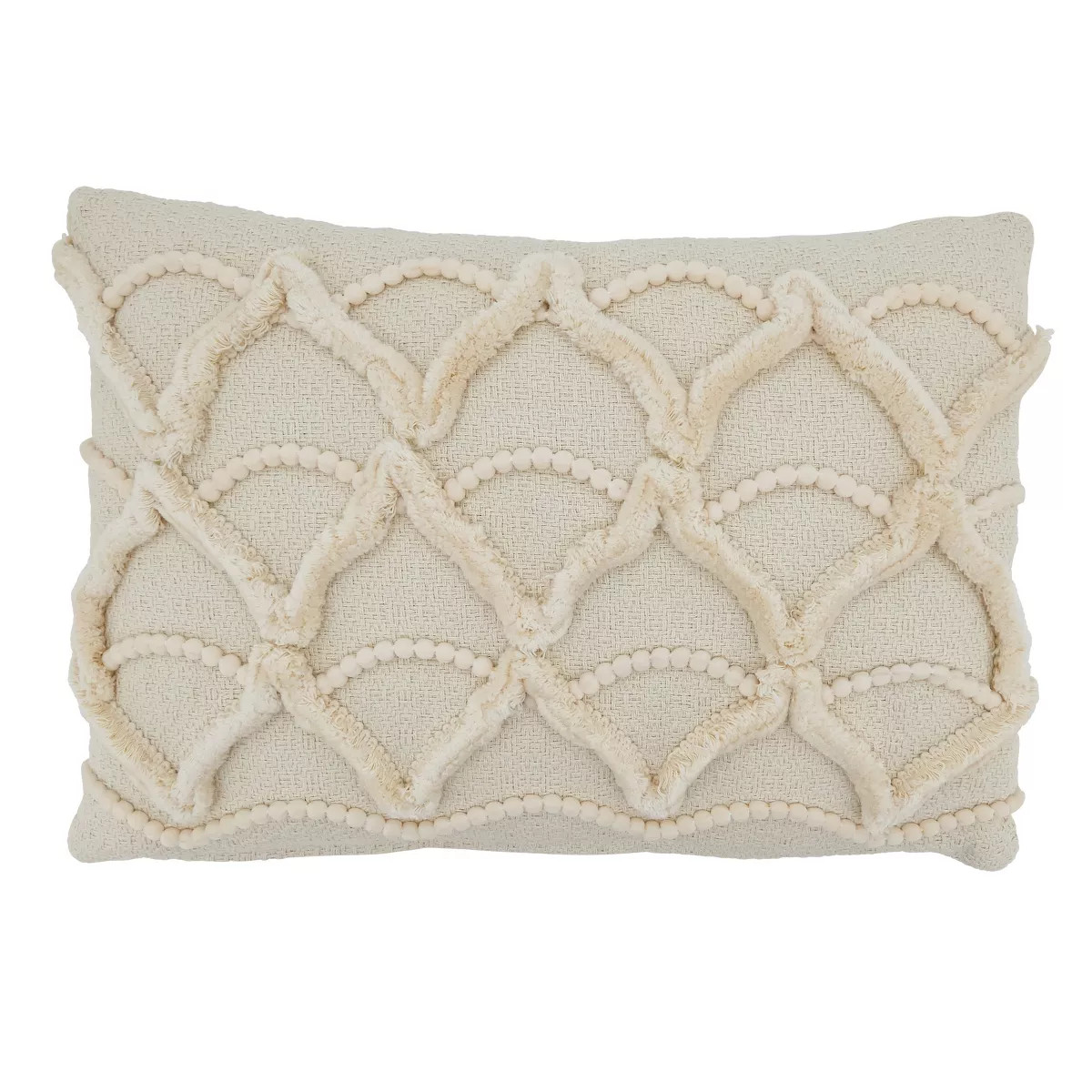 Saro Lifestyle Fringe Lace and Pom Pom Applique Pillow - Down Filled, 12"x18" Oblong, Ivory | Target
