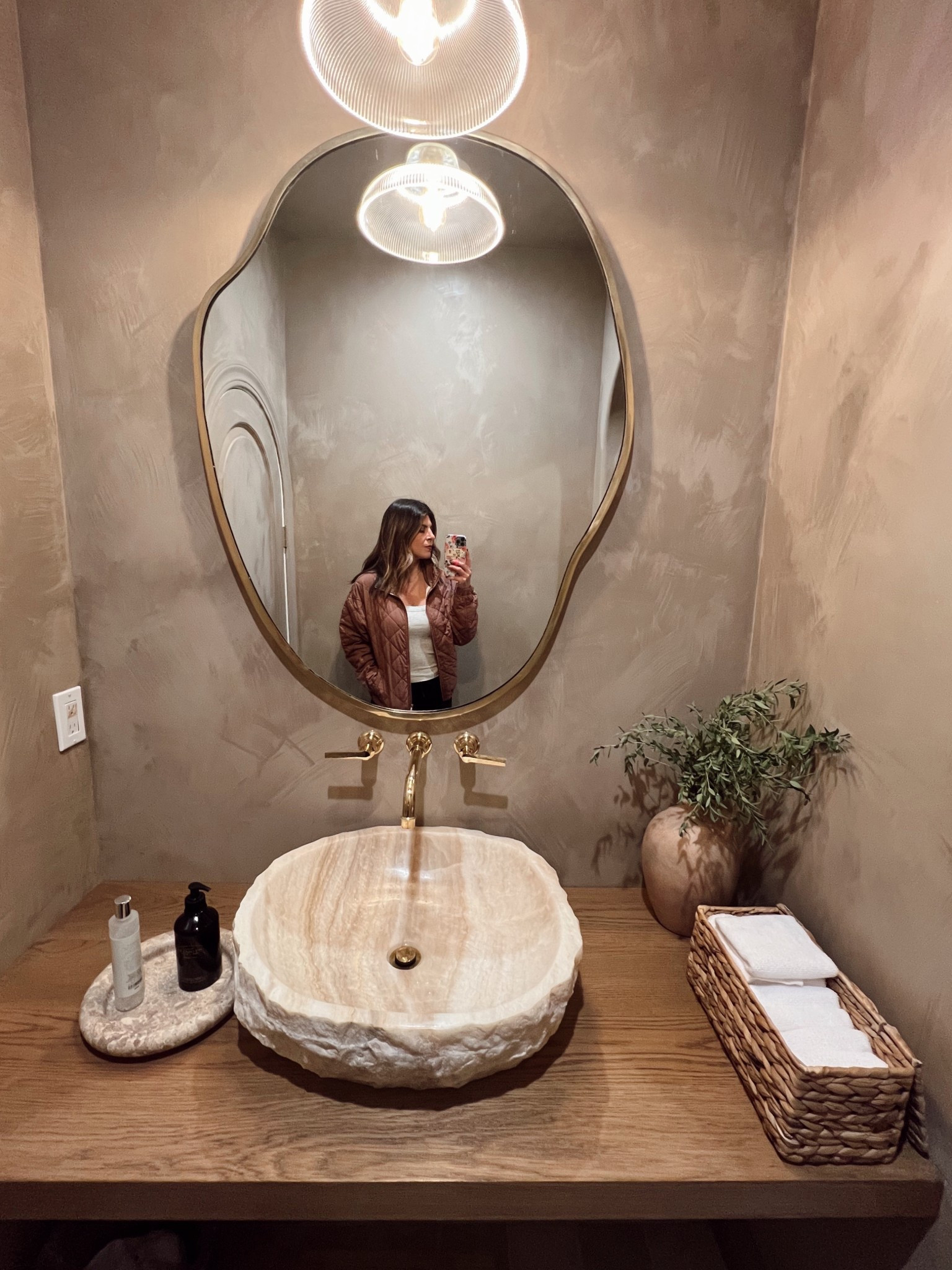 Powder bathroom, Roman clay, brass mirror, stone sink, guest bath 

#LTKHome