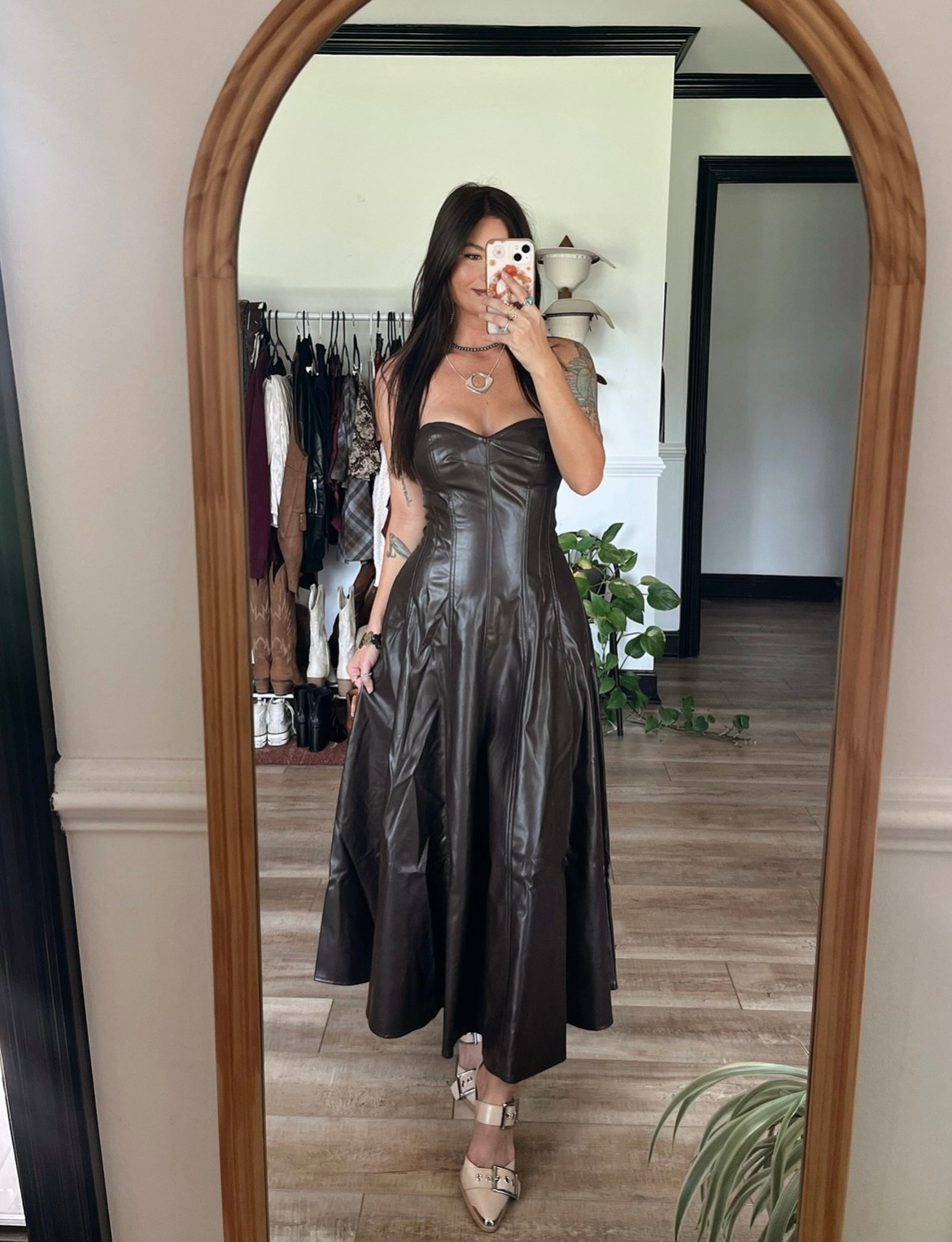 Chocolate leather midi dress is on sale! Wearing xs 

#LTKCyberWeek #LTKHoliday #LTKSeasonal