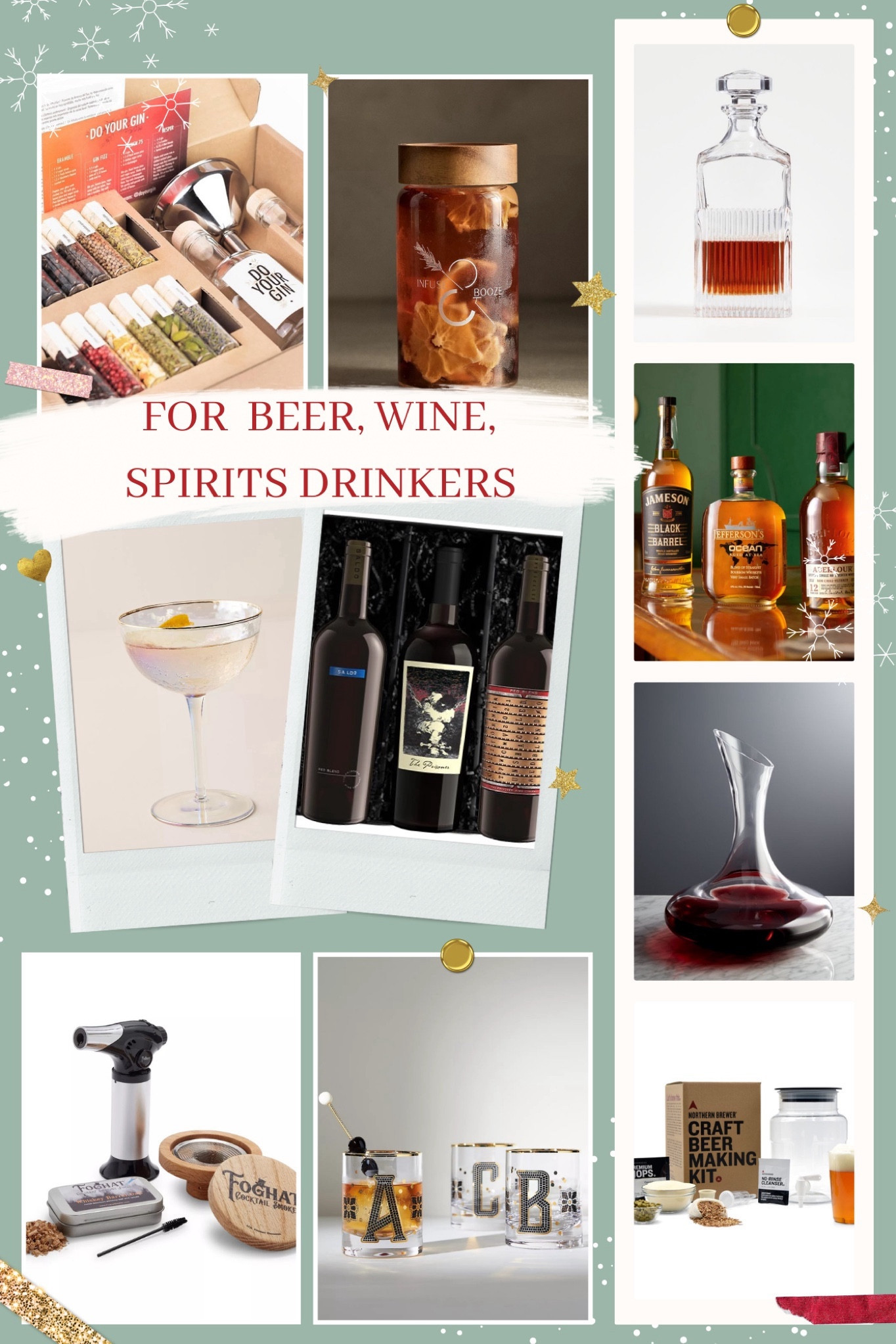 Adult beverage gift guide for beer, wine, & spirits lovers! 

Decanters, wine chillers, drink smoker kit, spirit infusion kits, beer and gin making kits, barware, coup glasses, bistro old fashioned glasses, Flavier bourbon subscription, The Prisoner wine gift box.

#LTKHoliday #LTKhome #LTKGiftGuide