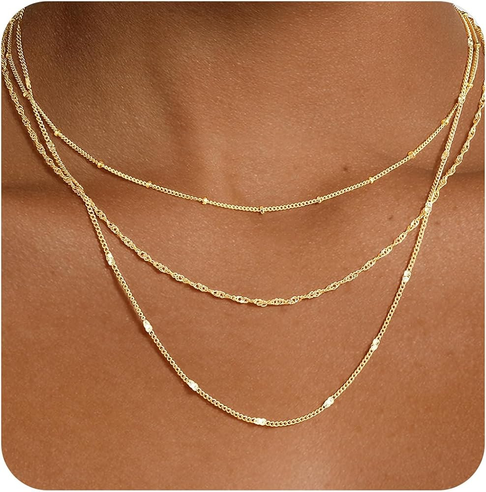 Yoosteel Layered 14k Gold Plated Necklace for Women,Dainty Thin Chain Choker Necklace Stack Paper... | Amazon (US)