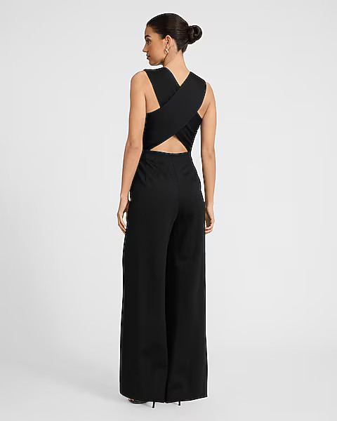 Signature Ponte V-Neck Cross Back Wide Leg Jumpsuit with Pockets | Express