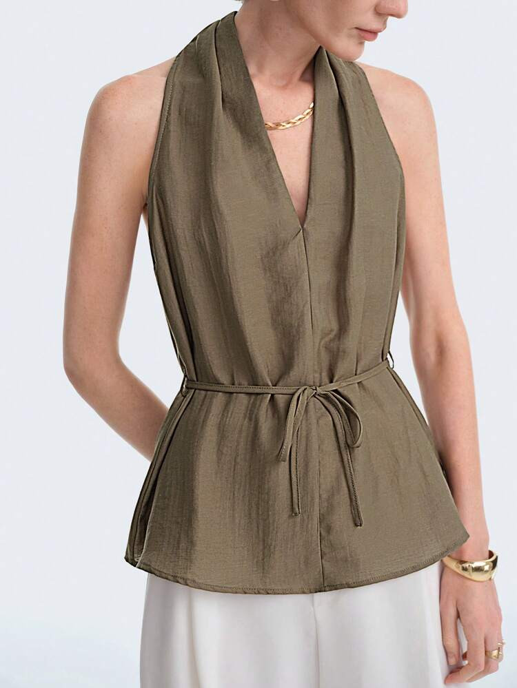 Aalyst Women's Olive Green Linen V-Neck Pleated Collar Waist Tie Loose Sleeveless Blouse, Elegant French Romantic Vintage Office Commute Business Casual Beach Holiday Minimalist Versatile Shirt, Spring/Summer New | SHEIN
