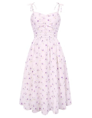 Belle Poque Women Spring Summer Wedding Guest Dress 2026 Floral Midi Tea Party Spaghetti Ruched Sun Dresses Purple Floral S | Amazon (US)