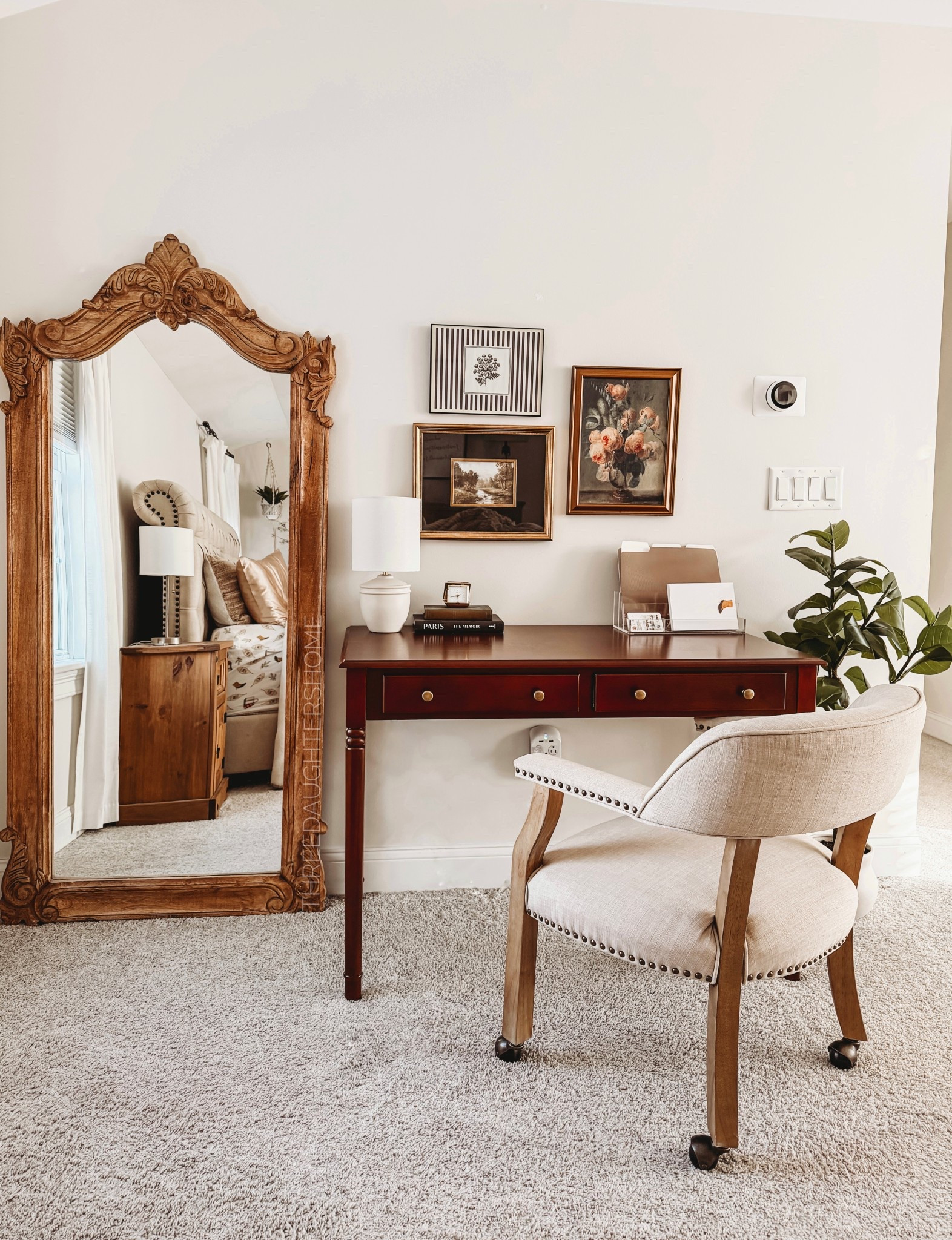 work space, writers desk, work from home, bedroom office, office, studio McGee, floor mirror, moody officee 