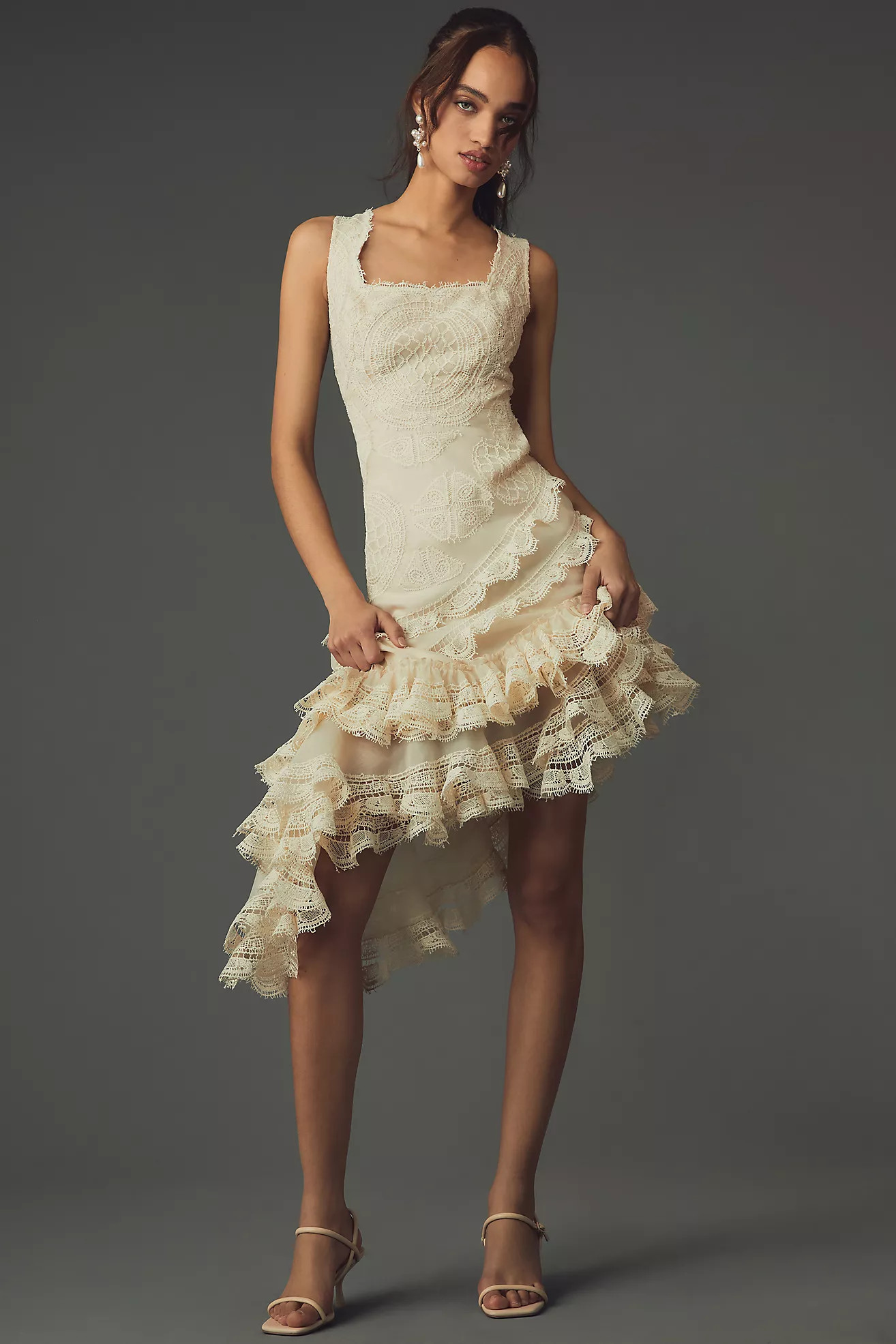 Geisha Designs Square-Neck Ruffled Asymmetrical Lace Dress | Anthropologie (US)