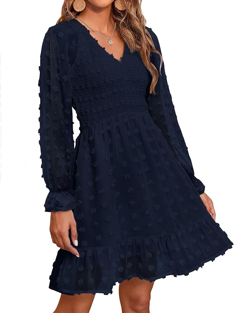 BTFBM Women V Neck Smocked Short Dress Long Sleeve Flowy Casual Swiss Dot Ruffle Chiffon Mini Sum... | Amazon (US)
