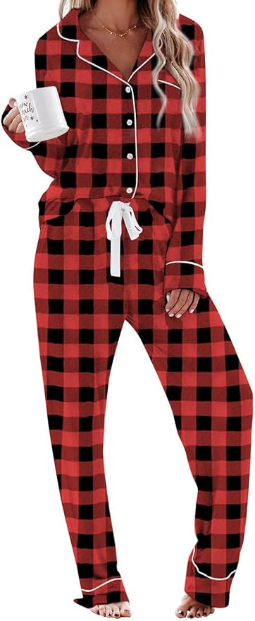 Aamikast Women's Pajama Sets Long Sleeve Button Down Sleepwear Nightwear Soft Pjs Lounge Sets | Amazon (US)
