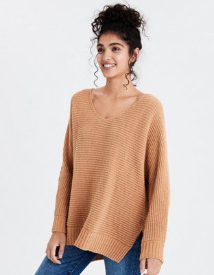 AE V-Neck Side Slit Oversized Sweater | American Eagle Outfitters (US & CA)