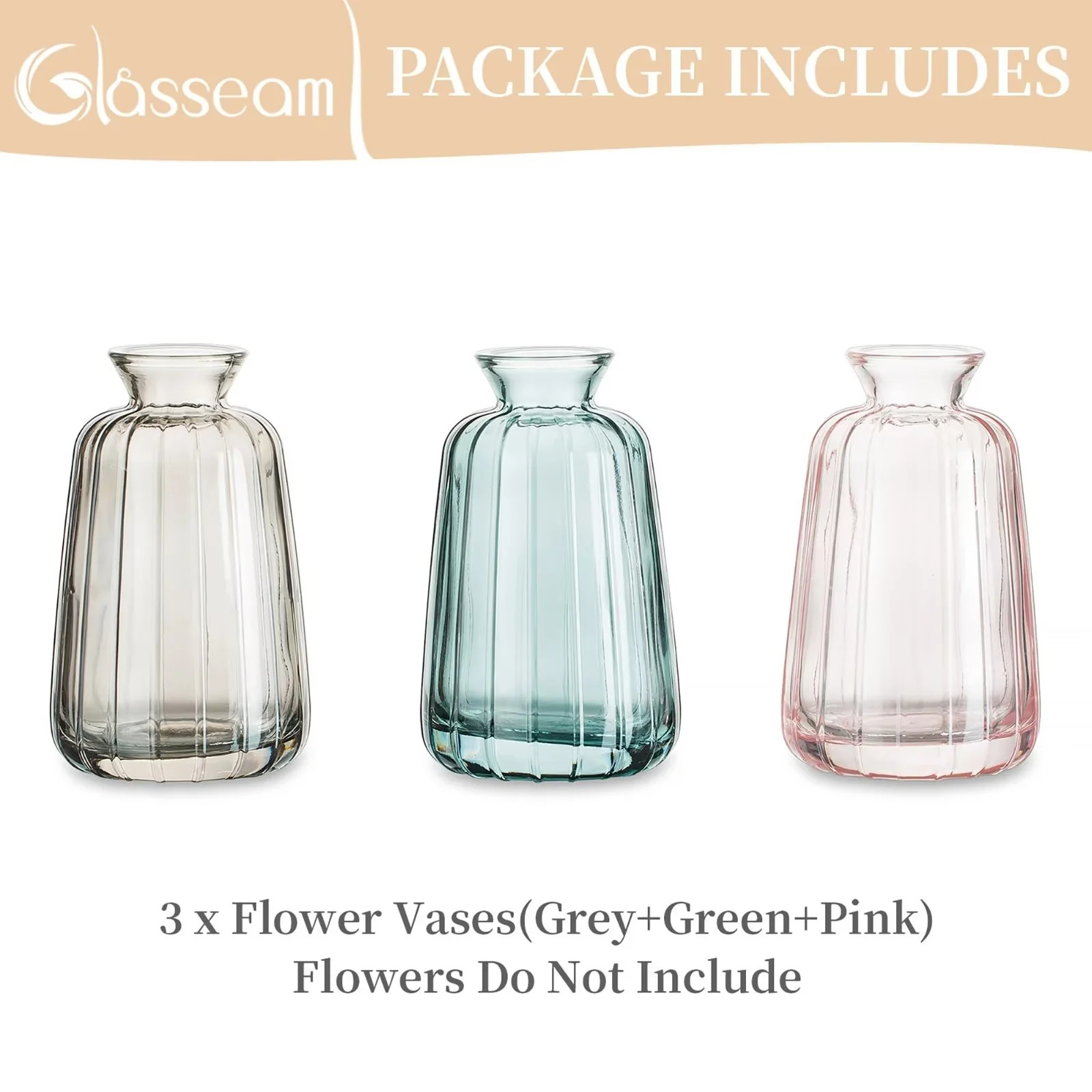 Glasseam Small Glass Bud Vase 4.52"Colorful Cute Ribbed Vases for Flowers Set of 3 (Pink+Grey+Gre... | Walmart (US)