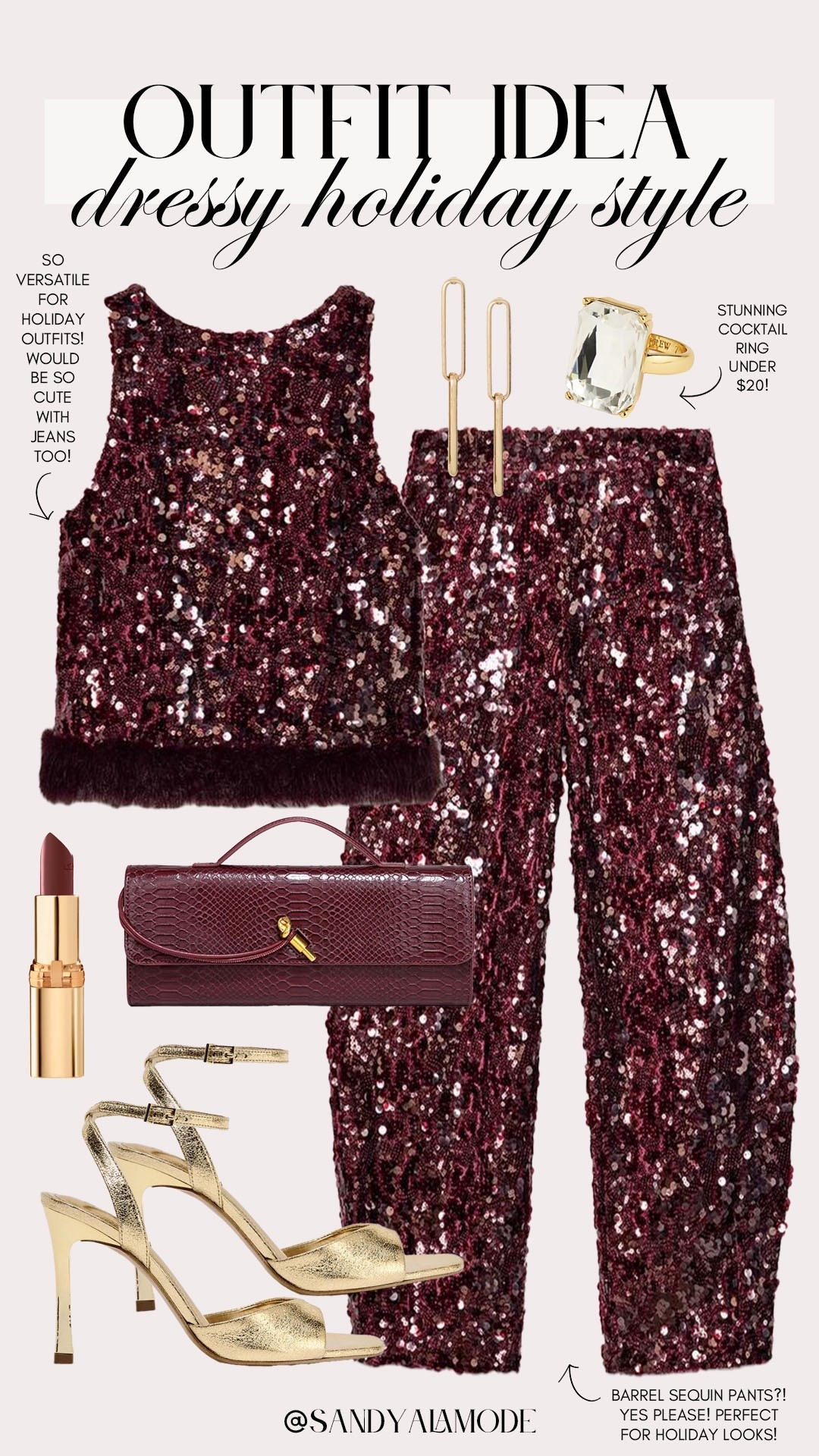 Chic holiday style. Dressy holiday outfit idea. Sequin holiday outfit. Zara new arrivals. Zara sequin holiday set. Burgundy snakeskin clutch. Gold heels. Gold and burgundy holiday outfit. Chic holiday jewelry. Holiday cocktail ring  

#LTKHoliday #LTKFindsUnder100 #LTKSeasonal