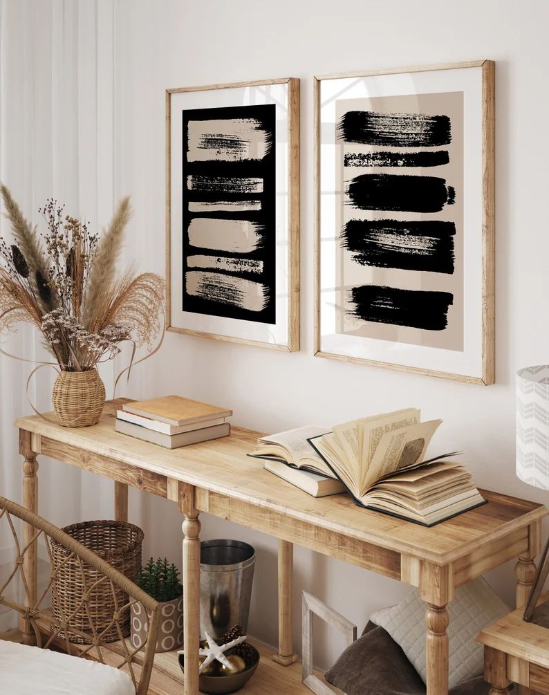 Black and Beige Wall Art, Black Abstract Prints, Set of 2 Prints, Brush Stroke Art, Modern Wall D... | Etsy (US)