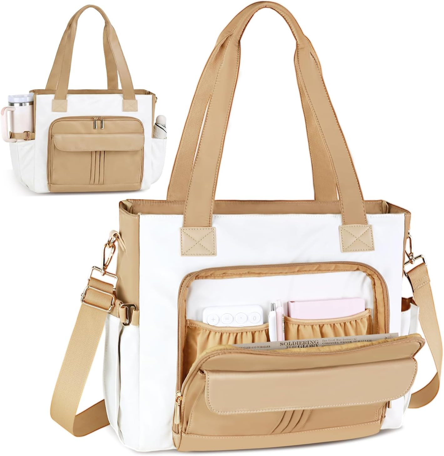 Prite Teacher Tote Bag 15.6in Laptop Work Bag with Cup Holder Luggage Strap | Amazon (US)