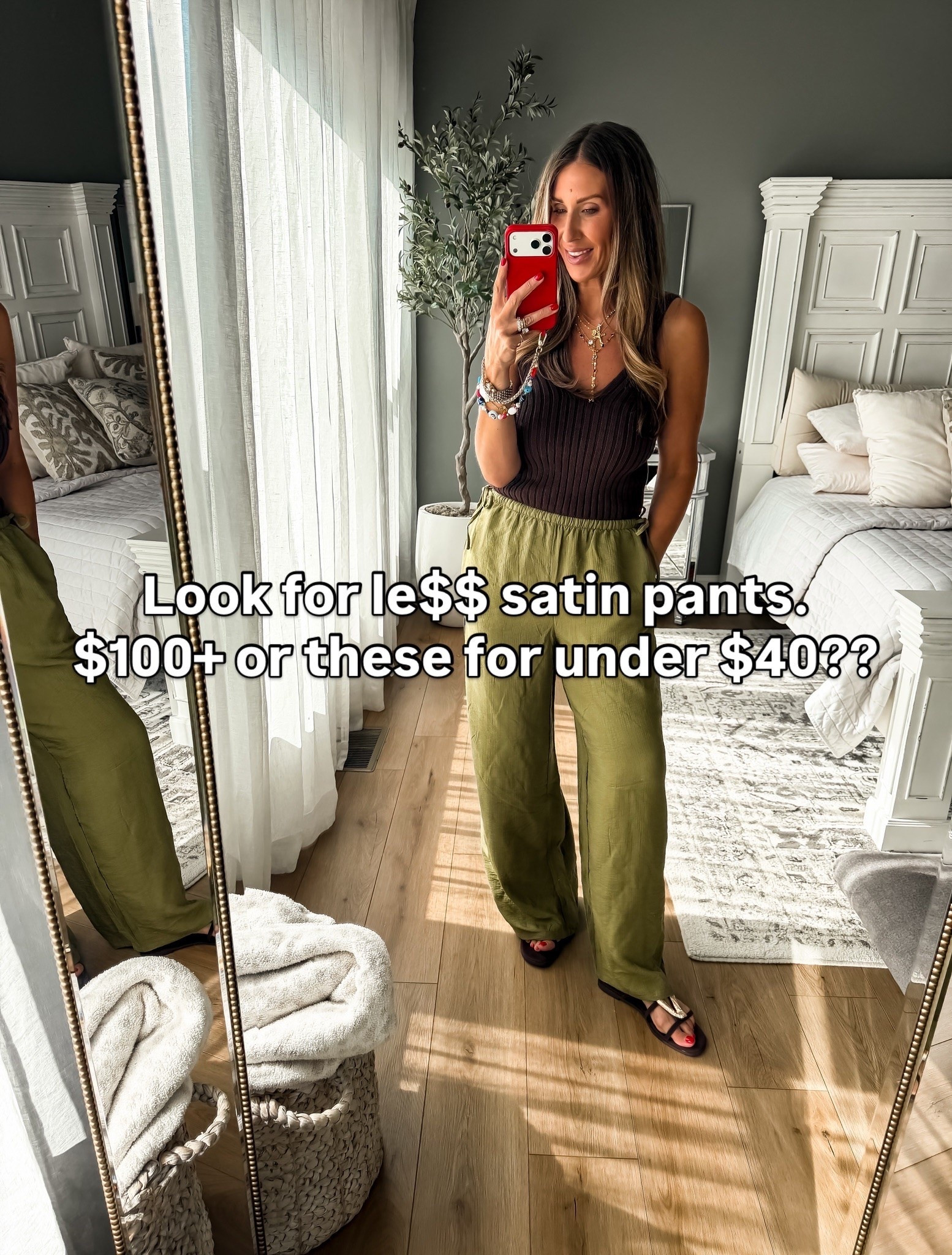 These satin look pants are such a good look for less find. They have that elevated drapey feel of designer styles, but for under $40. I paired them with a ribbed tank and simple sandals for an easy summer outfit that looks polished without trying too hard.

look for less, satin pants, wide leg pants, olive green pants, elevated basics, summer outfit, casual chic style, vacation outfit, affordable fashion, designer inspired, everyday style, effortless outfit, neutral fashion, themominstyle

#LTKmomlife #LTKOver40 #LTKSeasonal