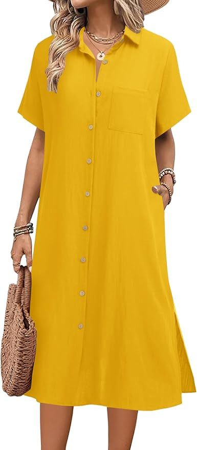 HOTOUCH Womens Dress Summer Casual Midi Short Sleeve Button Down Shirt Dress Loose Beach Cover Up... | Amazon (US)