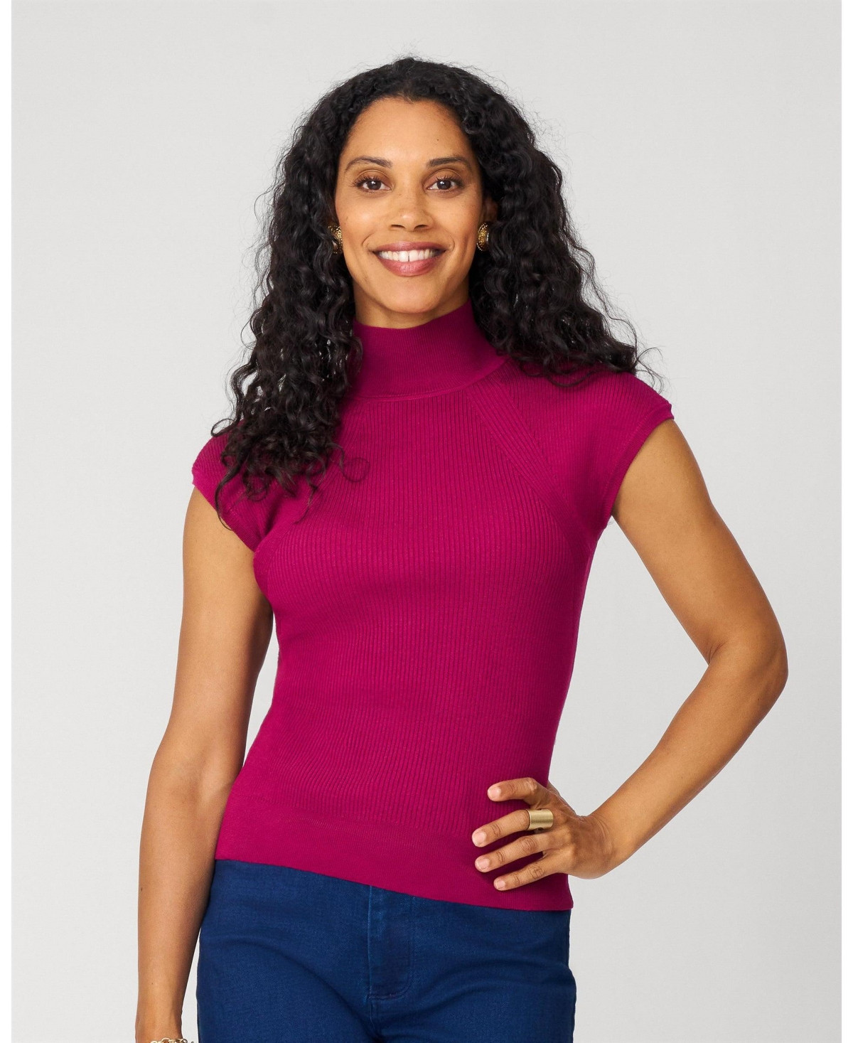 Cable & Gauge Women's Ribbed Mockneck Cap Sleeve Sweater - Raspberry radiance | Macy's