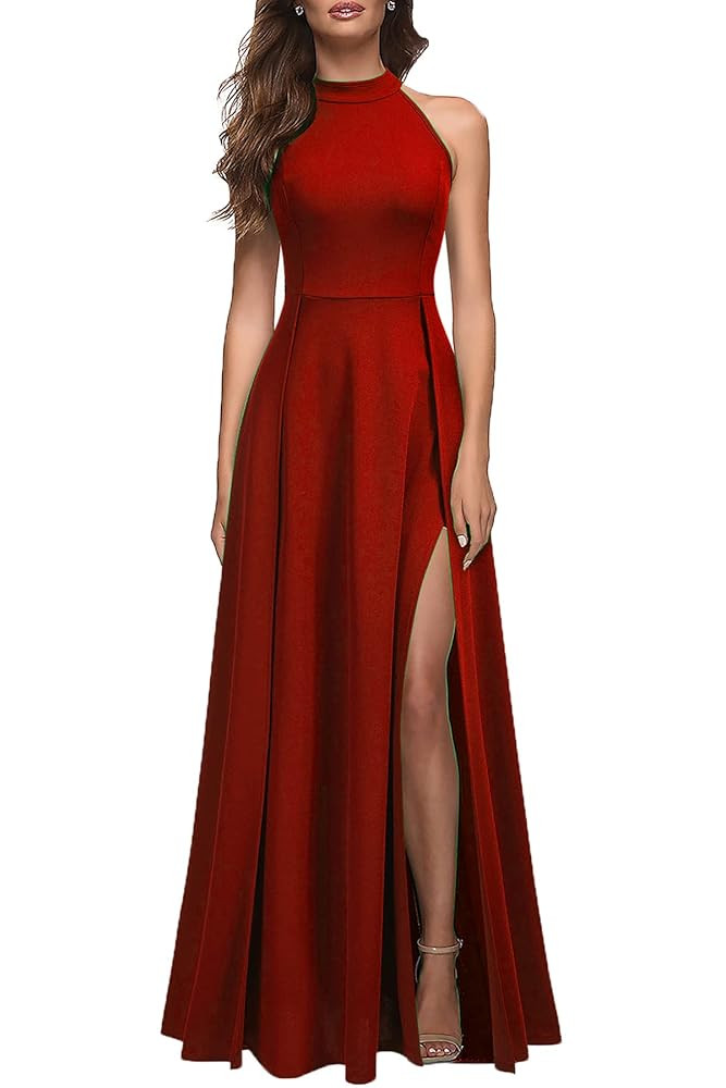 MUSHARE Women's Halter Neck Sexy Split Cocktail Party Maxi Long Formal Dress Red Formal Dress Outfit | Amazon (US)