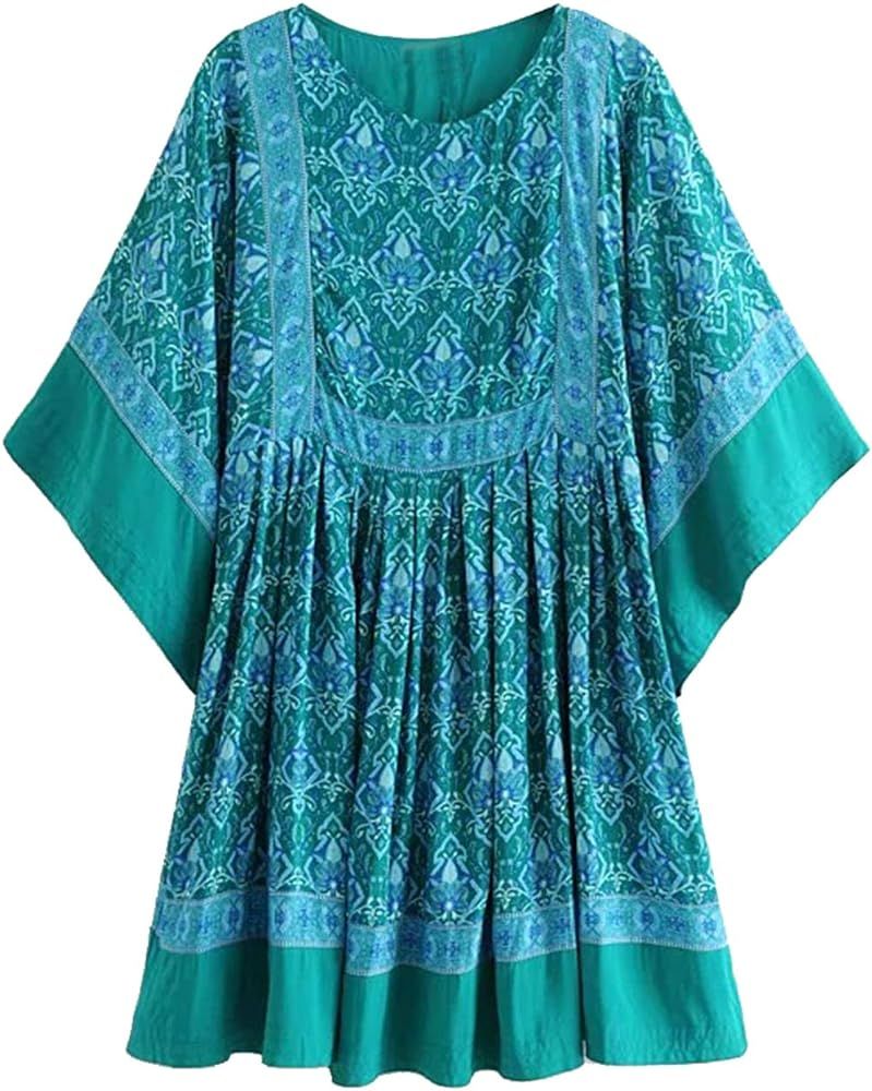 Women's Summer Cotton Half Sleeve Casual Loose Bohemian Floral Tunic Dresses | Amazon (US)