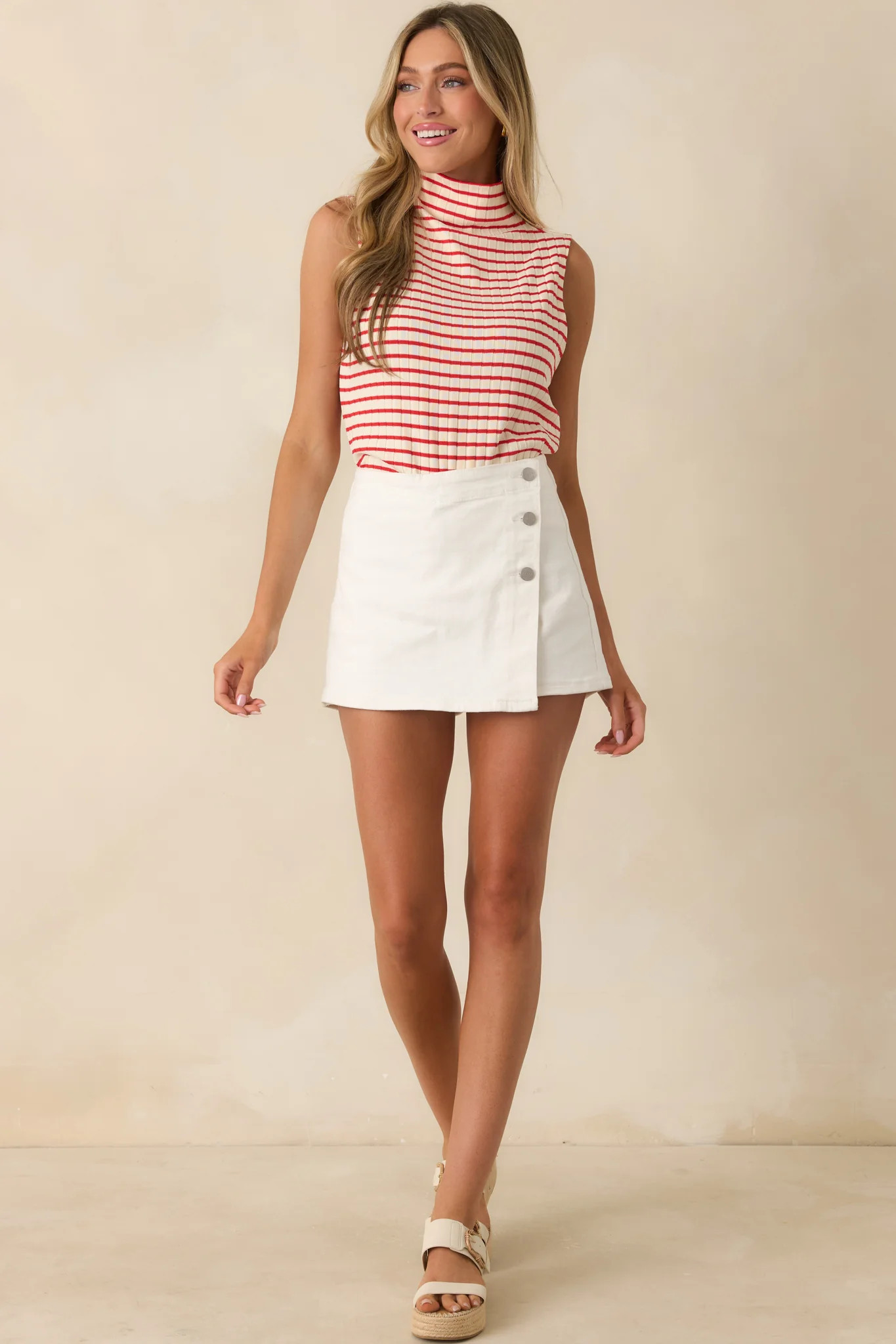 Keep It In Line Red Stripe Mockneck Sleeveless Top | Red Dress