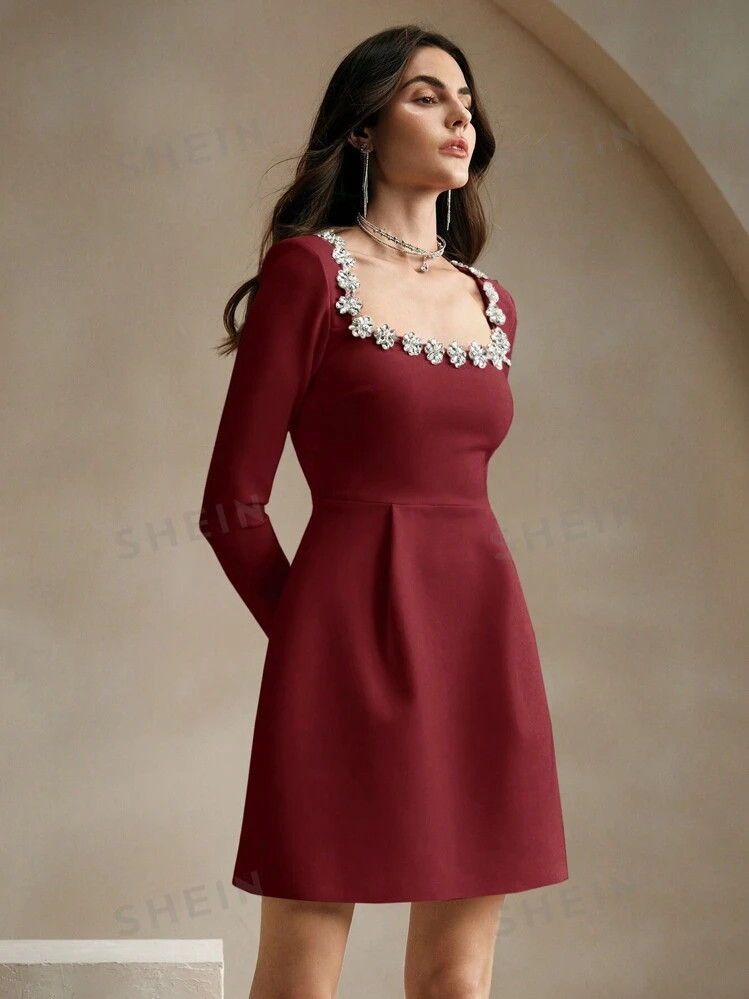 Anewsta Women's Elegant Rhinestone Decor Square Neck Long Sleeve Short Formal Dress Burgundy Colo... | SHEIN